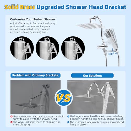Hibbent All Metal Shower Head, 10'' High Pressure Rainfall Shower Head, Showerhead Combo, Handheld Shower Wand, 12'' Adjustable Curved Shower Extension Arm, 71'' Hose, Shower Head Holder, Chrome - Image 2