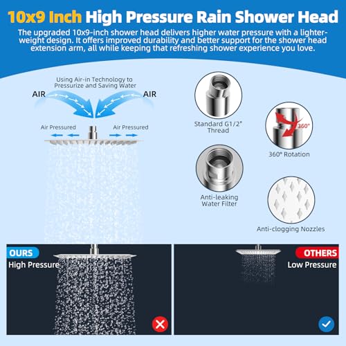 Hibbent All Metal Shower Head, 10'' High Pressure Rainfall Shower Head, Showerhead Combo, Handheld Shower Wand, 12'' Adjustable Curved Shower Extension Arm, 71'' Hose, Shower Head Holder, Chrome - Image 4