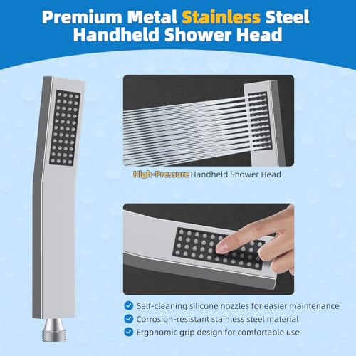 Hibbent All Metal Shower Head, 10'' High Pressure Rainfall Shower Head, Showerhead Combo, Handheld Shower Wand, 12'' Adjustable Curved Shower Extension Arm, 71'' Hose, Shower Head Holder, Chrome - Image 5