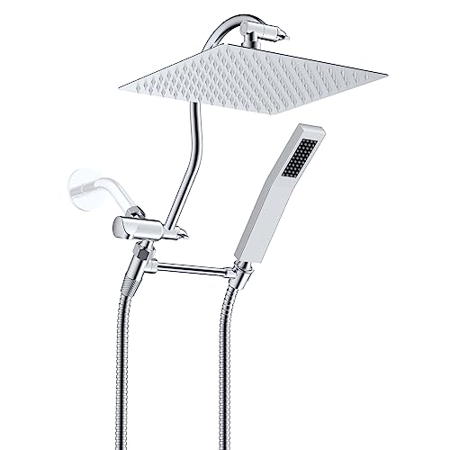 Hibbent All Metal Shower Head, 10'' High Pressure Rainfall Shower Head, Showerhead Combo, Handheld Shower Wand, 12'' Adjustable Curved Shower Extension Arm, 71'' Hose, Shower Head Holder, Chrome - Image 1