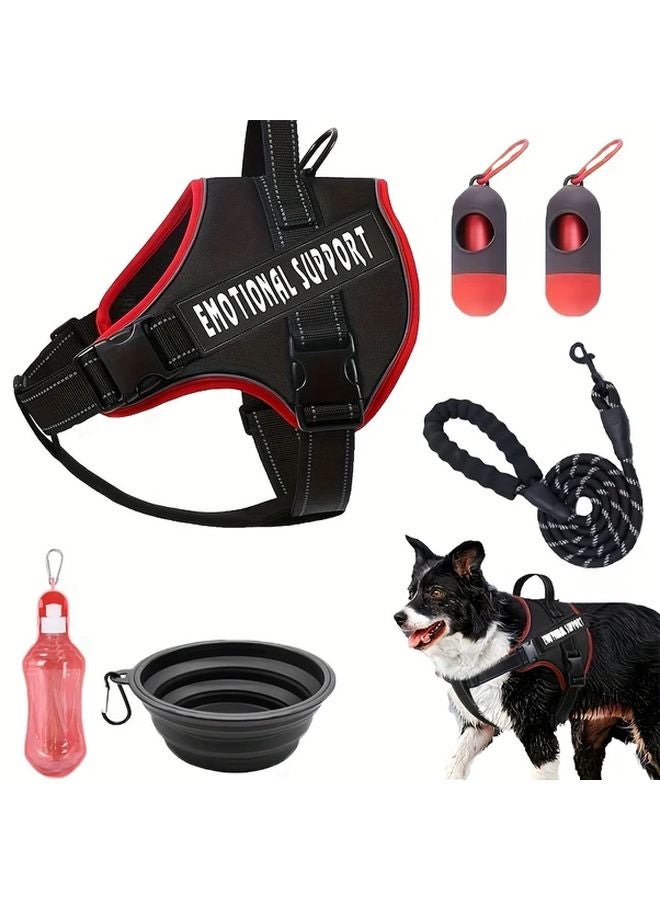 Rose Red Reflective Pet Harness Set with Leash Bowls Water Bottle Waste Bags - Image 1