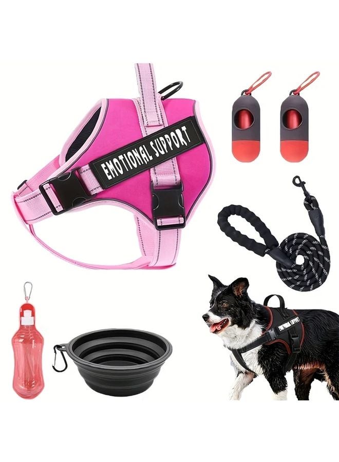 Rose Red Reflective Pet Harness Set with Leash Bowls Water Bottle Waste Bags - Image 2