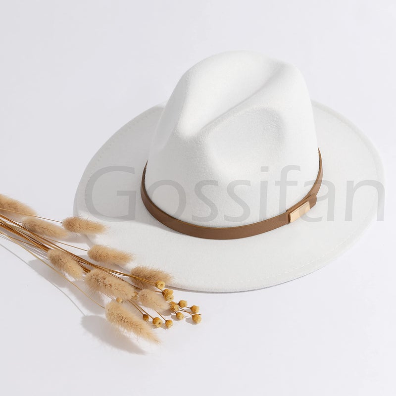Gossifan Fedora Hats for Men Wide Brim Panama Hat with Classic Belt-D Belt White - Image 5