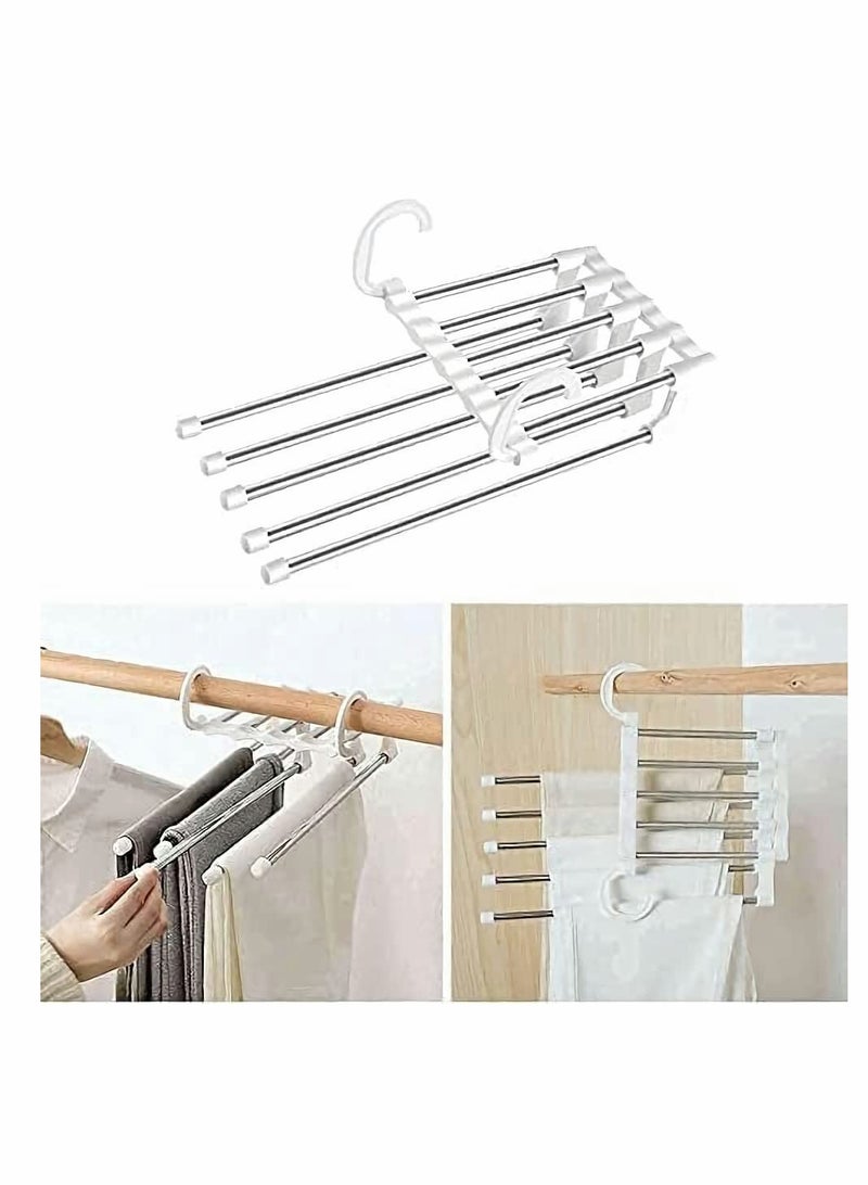 5 in 1 Foldable Hangers for Clothes Hanging Multi-Layer Multi Purpose Pant Hangers for Wardrobe Magic Foldable Hanger Space Saving Stainless Steel Cloth Hanger for Trousers, Jeans - Image 1