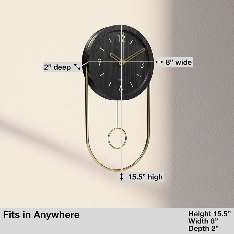 Driini Decorative Wall Clock with Pendulum (Black) – Modern Wood, 3D Gold Numbers, Metal Frame – Small, Unique Wall Clocks for Living Room Decor or Bathroom - Battery Operated, Silent, Non-Ticking - Image 3