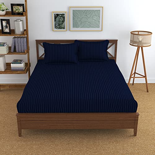TIB The Intellect Bazaar Glace Cotton Elastic Fitted bedsheets King Size Satin Striped Plain Bedsheet with Two Pillow Covers 72" x 78" or 182 x 198 cm(Navy Blue) - Image 2
