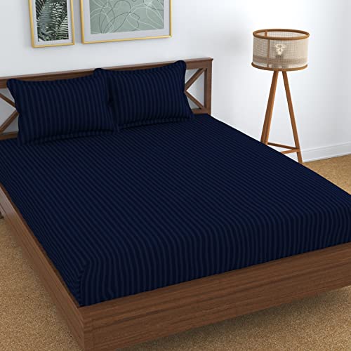 TIB The Intellect Bazaar Glace Cotton Elastic Fitted bedsheets King Size Satin Striped Plain Bedsheet with Two Pillow Covers 72" x 78" or 182 x 198 cm(Navy Blue) - Image 1