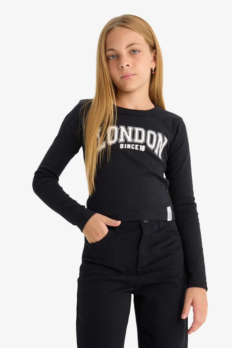 ديفاكتو Girl Slim Fit Crew Neck Slogan Printed Ribbed T-Shirt