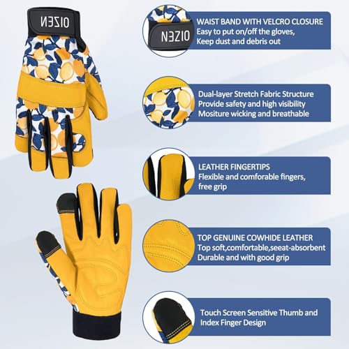 OIZEN Cowhide Leather Thorn Proof & Puncture Resistant Gardening Gloves for Women and Men, Touchscreen Compatible Working Gloves for Weeding, Digging, Planting, Gardening Gifts for Women, Size Medium - Image 2