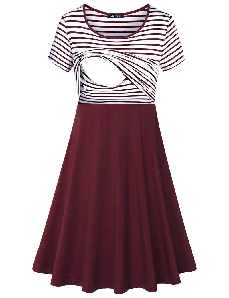 connche Nursing Dresses,Women's Breastfeeding Mother Mid Length Post Partum Tunic Patchwork Dresses for Pregnancy Red White M - Image 5