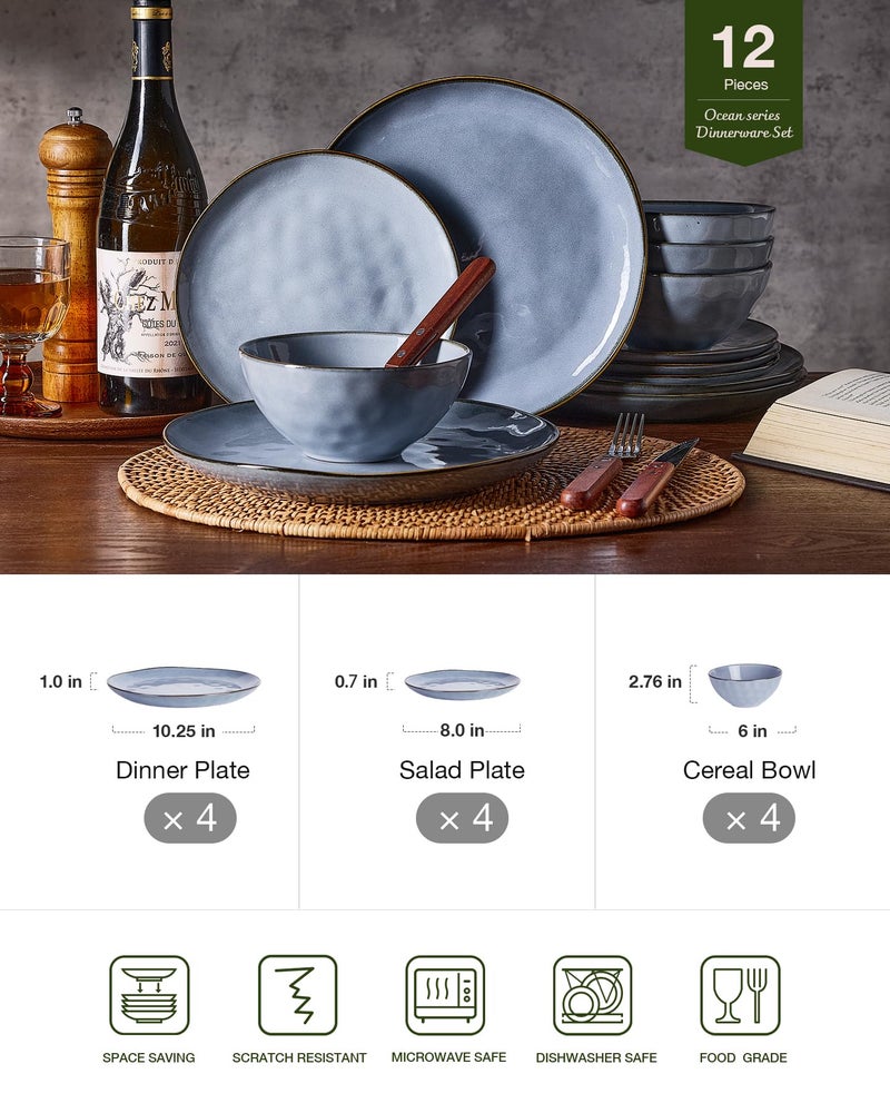 Famiware Dinnerware Sets for 4, Ocean Round 12-Piece Kitchen Plates and Bowls Sets, Reactive Glaze, Microwave and Dishwasher Safe, Scratch Resistant, Blue - Image 2