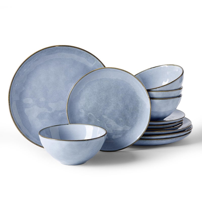 Famiware Dinnerware Sets for 4, Ocean Round 12-Piece Kitchen Plates and Bowls Sets, Reactive Glaze, Microwave and Dishwasher Safe, Scratch Resistant, Blue - Image 1