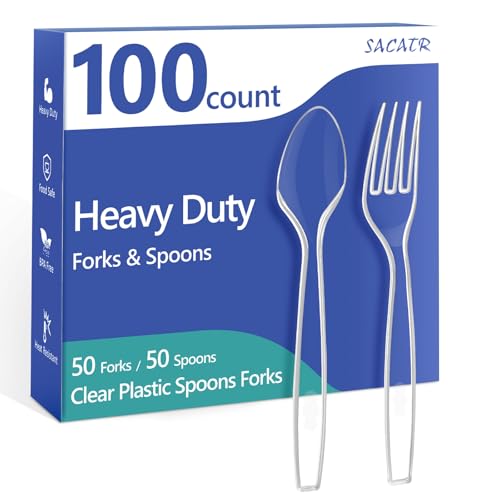 SACATR 100 Count Plastic Silverware Heavy Duty -50 Forks, 50 Spoons, BPA-Free, Heat Resistant, Disposable Plastic Utensils Set, Plastic Cutlery Set, Plasticware Suitable for Party Everyday Use - Image 1