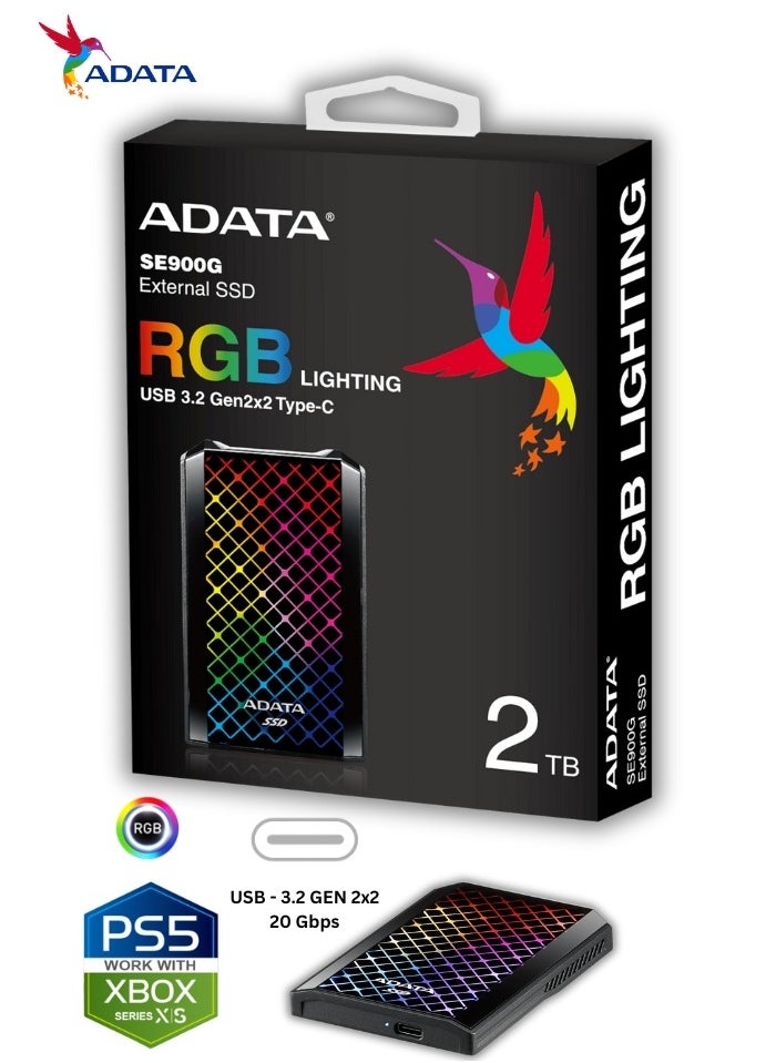 ADATA SE900G RGB 2TB External SSD | Compatible with PS5 XBOX Portable Solid State Drive for Superfast Gaming USB 3.2 Gen2x2 Type-C  - Image 2
