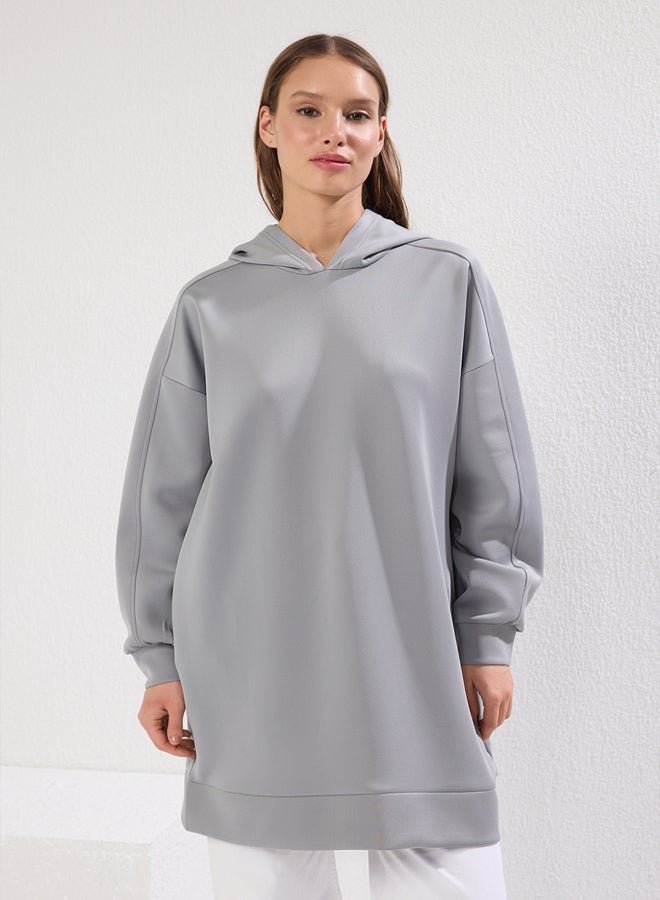 trendyol Grey Wide Fit Oversize Hooded Pocket Scuba Knitted Sweatshirt - Image 1