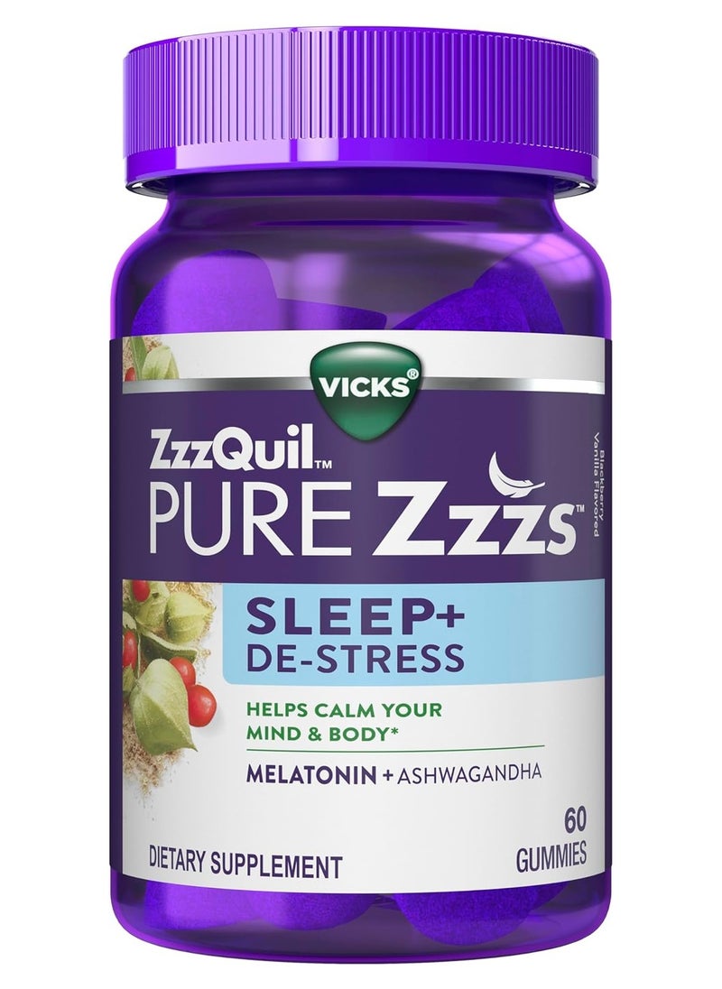 ZzzQuil - Pure Zzzs Destress Melatonin Sleep Aid Gummies Helps Calm Your Mind And Body Ashwagandha For Stress Support Sleep Aids For Adults 1 Mg - 60 Gummies - Image 1