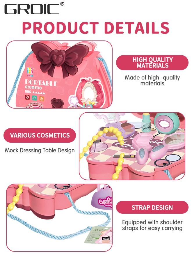 GROIC 18 PCs Kids Makeup Kit Pretend for Girls with Handbag Play Mirror, Comb, Cosmetic Brush, Lipstick and More, Crossbody Bag House Party Sets - Image 3