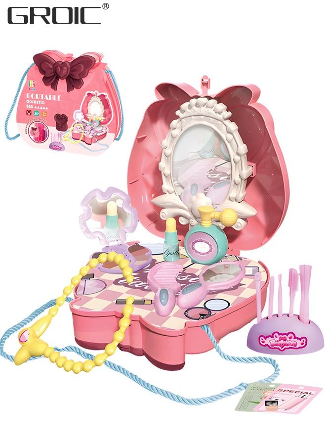 GROIC 18 PCs Kids Makeup Kit Pretend for Girls with Handbag Play Mirror, Comb, Cosmetic Brush, Lipstick and More, Crossbody Bag House Party Sets - Image 1