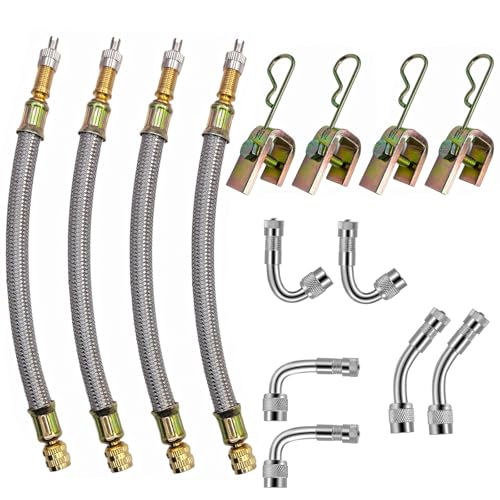VOTNMIC Valve Stem Extensions,2Pcs 7Inch and 2Pcs 12Inch Dual Flexible Stainless Steel Braided Valve Stem Extenders, 6 Pieces 45 90 135 Degree Brass Valve Stem Extender Tire for Most Cars Truck - Image 1