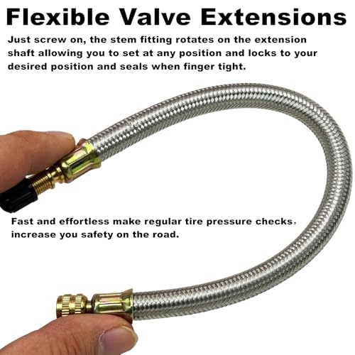 VOTNMIC Valve Stem Extensions,2Pcs 7Inch and 2Pcs 12Inch Dual Flexible Stainless Steel Braided Valve Stem Extenders, 6 Pieces 45 90 135 Degree Brass Valve Stem Extender Tire for Most Cars Truck - Image 4