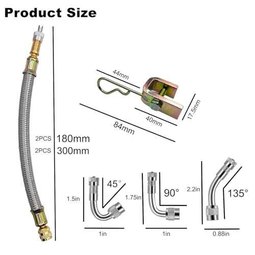 VOTNMIC Valve Stem Extensions,2Pcs 7Inch and 2Pcs 12Inch Dual Flexible Stainless Steel Braided Valve Stem Extenders, 6 Pieces 45 90 135 Degree Brass Valve Stem Extender Tire for Most Cars Truck - Image 2