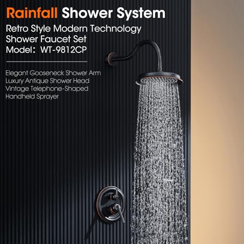 Wintap Rainfall Shower System 9 inch Antique Bathroom Luxury Rain Mixer Shower Combo Set with Vintage Handheld Shower Wall Mounted Shower Faucet Set Rough-in Valve and Trim Included Oil Rubbed Bronze - Image 2