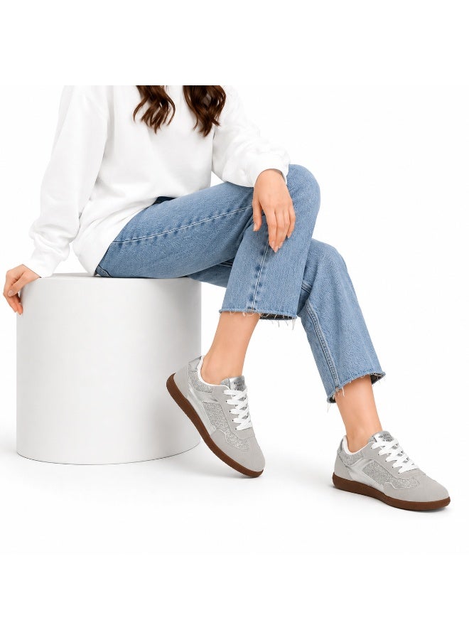 Women’s Casual Lace-Up Sneakers with Sparkling Panel Details, Low-Top Flat Sole Shoes for Walking and Everyday Wear - Image 1