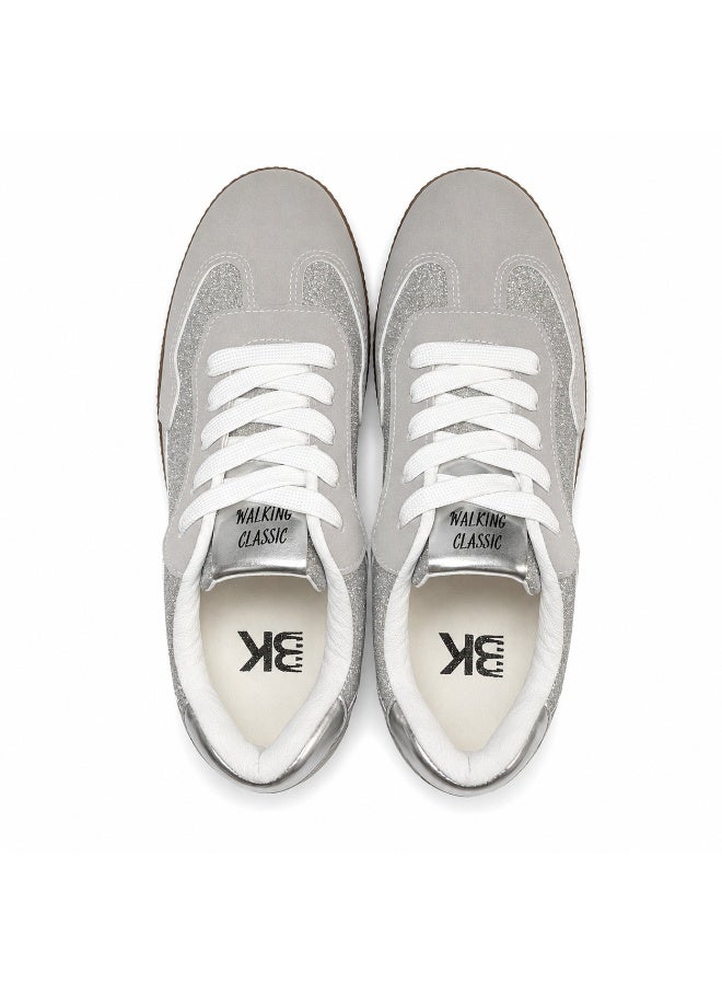 Women’s Casual Lace-Up Sneakers with Sparkling Panel Details, Low-Top Flat Sole Shoes for Walking and Everyday Wear - Image 2