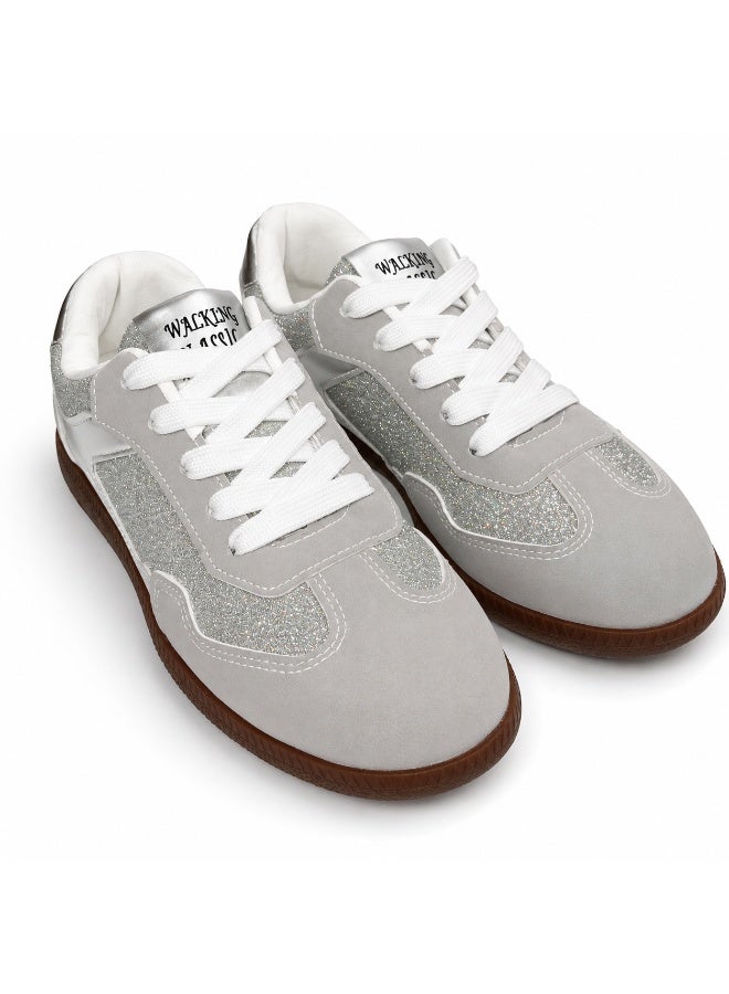 Women’s Casual Lace-Up Sneakers with Sparkling Panel Details, Low-Top Flat Sole Shoes for Walking and Everyday Wear - Image 3