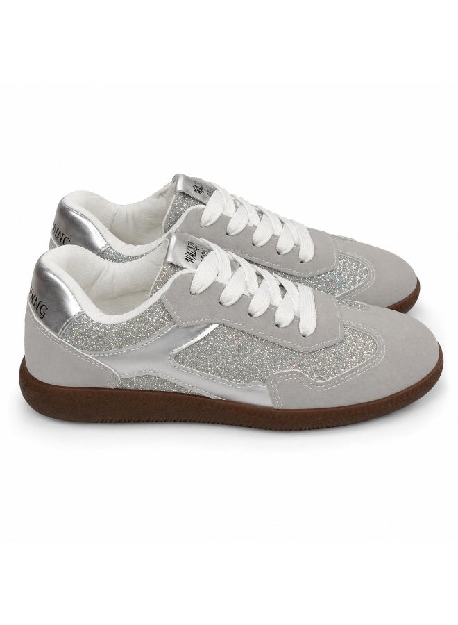 Women’s Casual Lace-Up Sneakers with Sparkling Panel Details, Low-Top Flat Sole Shoes for Walking and Everyday Wear - Image 4