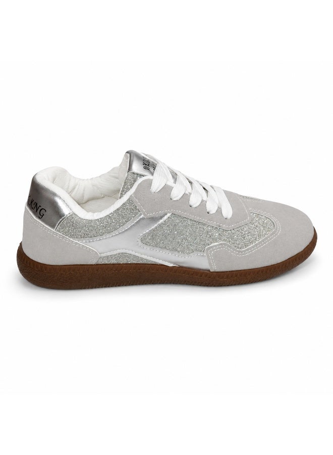 Women’s Casual Lace-Up Sneakers with Sparkling Panel Details, Low-Top Flat Sole Shoes for Walking and Everyday Wear - Image 5