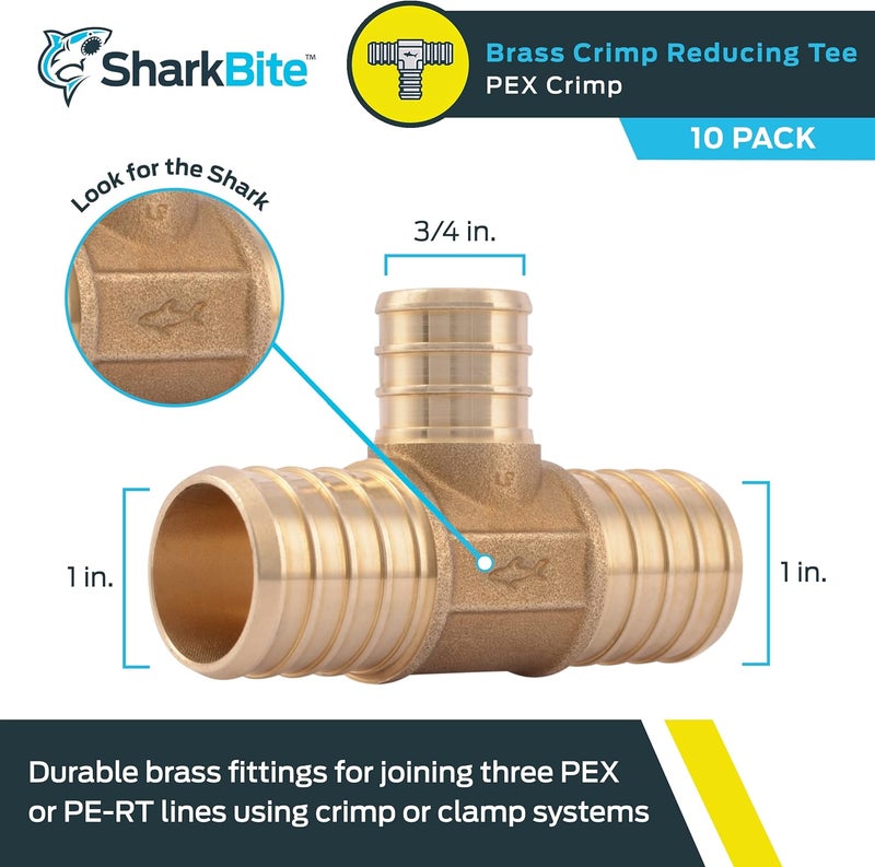 SharkBite Light & heavy use compatible 1 Inch x 1 Inch x 3/4 Inch Crimp Reducing Tee, Pack of 10, Brass Plumbing Fitting, PEX Pipe, PE-RT, UC416LF Cross product compatible - Image 2