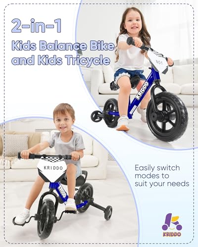 KRIDDO 2in1 Kids Tricycle and Toddler Balance Bike 2 Year Old Detachable Pedals and Stowable Training Wheels DIY Plate Riding Trikes Toy for Ages 18 Months to 3 Years Blue - Image 5