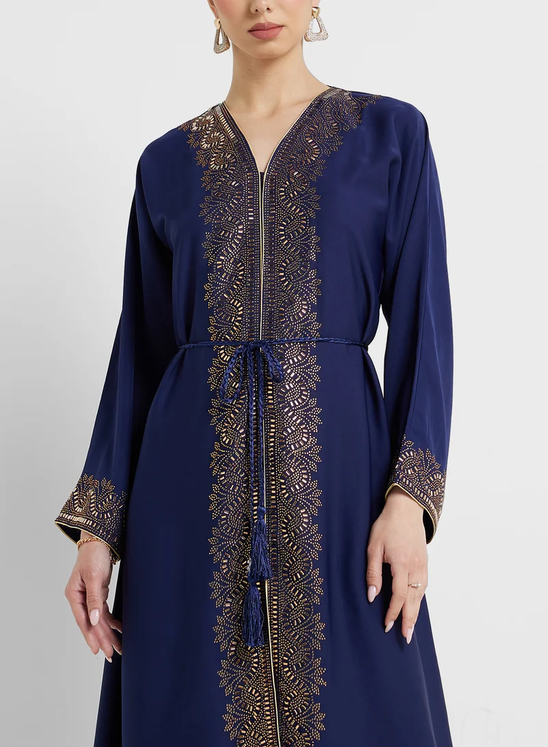 ARABIAN CLOSET Open Embellished Abaya With Belt