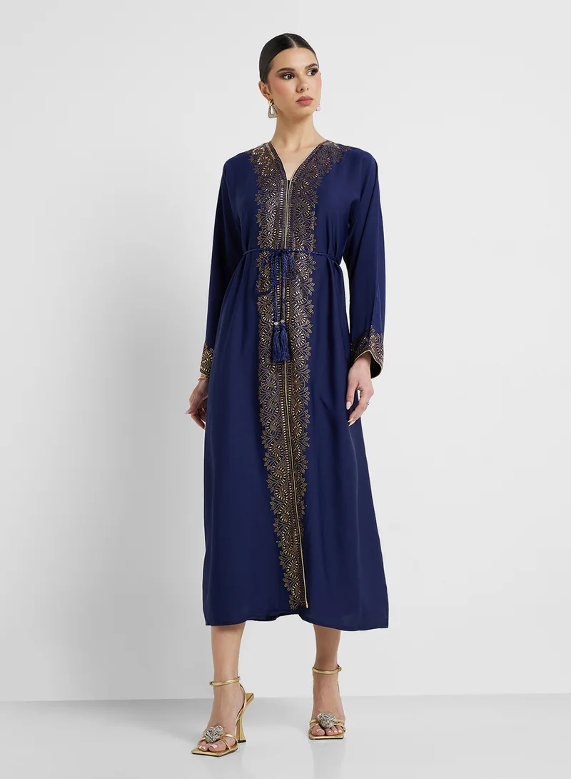 ARABIAN CLOSET Open Embellished Abaya With Belt
