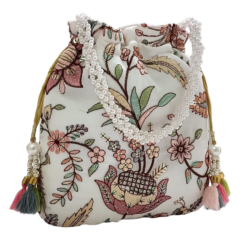 DUCHESS Women's Embroidered Polti Bag with Pearl Handle and Tassel - Bridal Ethnic Traditional Casual Purse/Clutch/Handbag, (21 L X 2 W X 23 H C, White) - Image 1