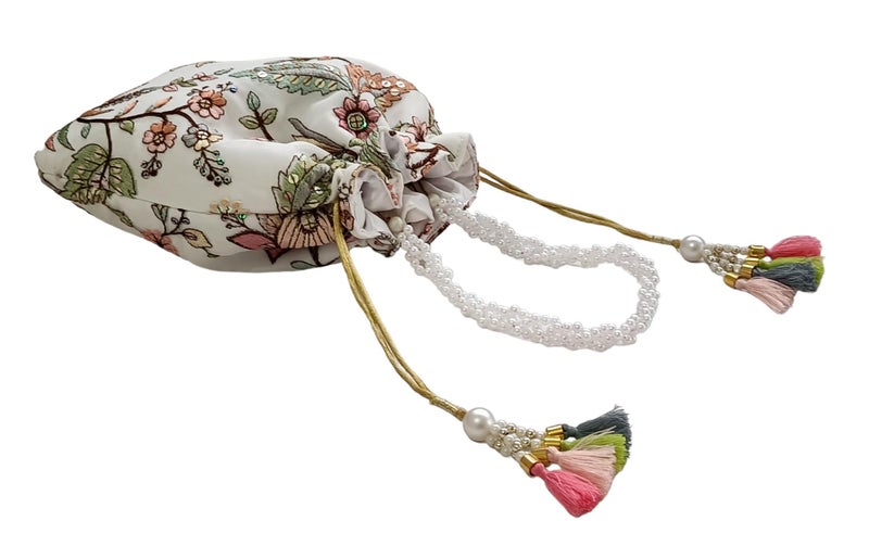 DUCHESS Women's Embroidered Polti Bag with Pearl Handle and Tassel - Bridal Ethnic Traditional Casual Purse/Clutch/Handbag, (21 L X 2 W X 23 H C, White) - Image 4