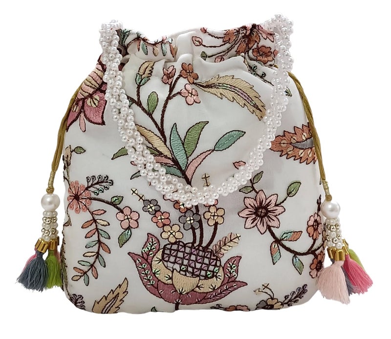 DUCHESS Women's Embroidered Polti Bag with Pearl Handle and Tassel - Bridal Ethnic Traditional Casual Purse/Clutch/Handbag, (21 L X 2 W X 23 H C, White) - Image 2
