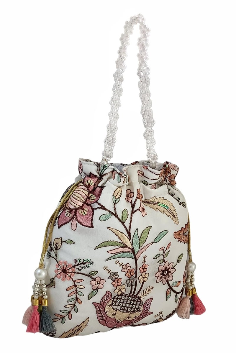 DUCHESS Women's Embroidered Polti Bag with Pearl Handle and Tassel - Bridal Ethnic Traditional Casual Purse/Clutch/Handbag, (21 L X 2 W X 23 H C, White) - Image 3