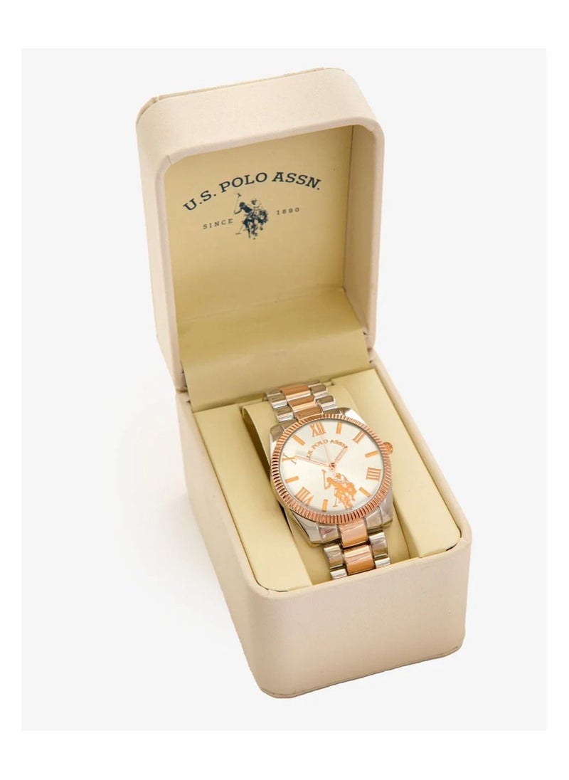 U.S. Polo Assn. - ساعة كوارتز نسائية من U.S. Polo Assn، بشاشة تناظرية وحزام مطلي بالذهب USC40252 - Image 1