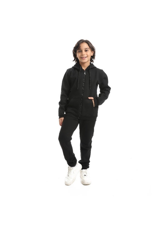 Andora Basic Fleeced With Hooded Collar and Zipper Closure Black Training Suit_Black - Image 5