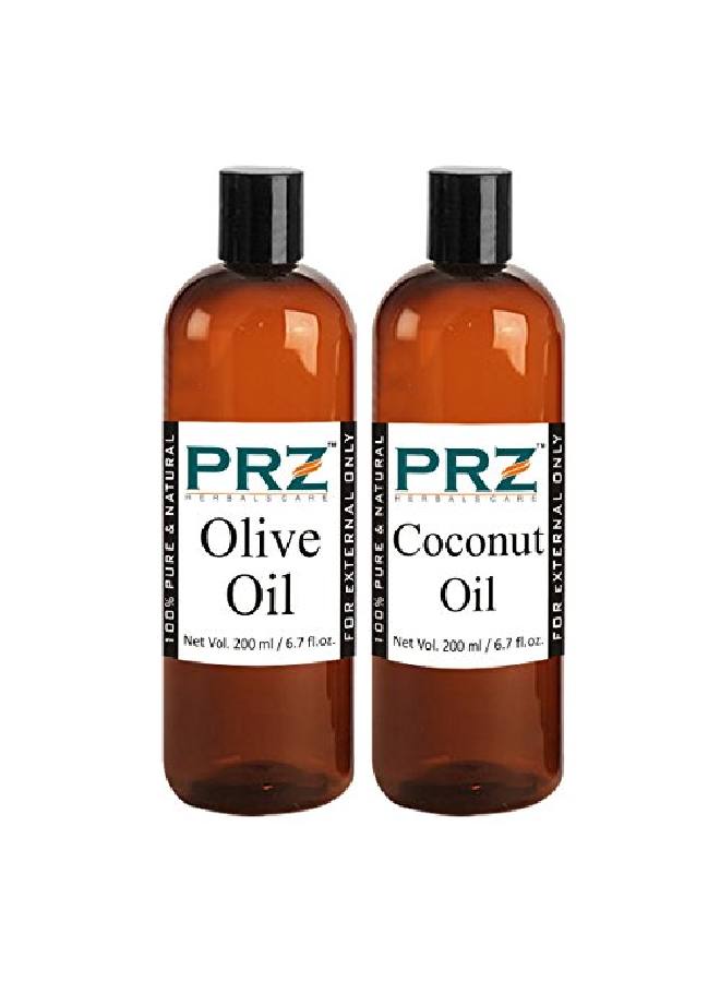 PRZ مزيج من زيت الزيتون البكر الممتاز وزيت جوز الهند 100% زيت نقي معصور على البارد للشعر والبشرة وتدليك الجسم (200 مل لكل منهما) - Image 2