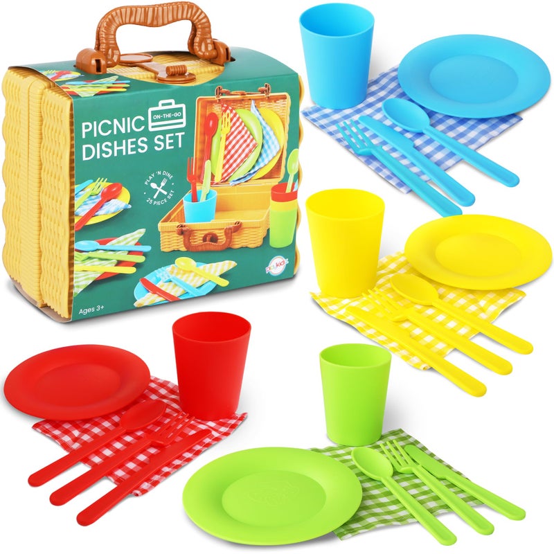Playkidiz Kids Picnic Basket Toy Dishes 25 Piece Plastic Tea Party Set Colored Pretend Play Dishes Playset Toddlers Kitchen Toys for Boys and Girls Ages 3 - Image 3