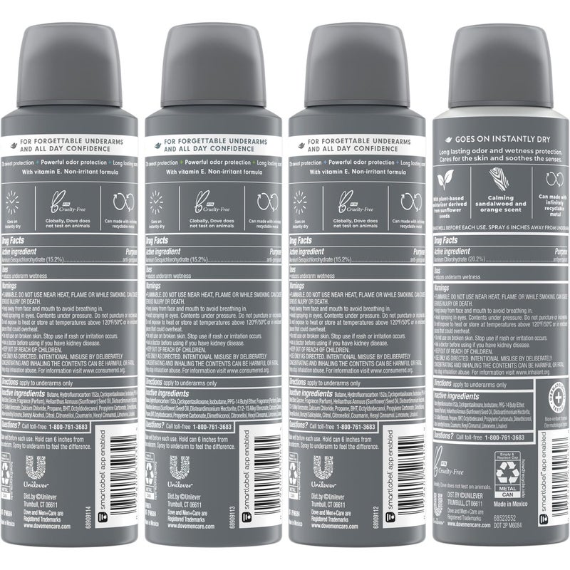 Dove مجموعة مزيل العرق سبراي دوف للرجال + العناية - سبراي مزيل العرق دوف للرجال مع حماية دائمة تحت الإبط، مزيل عرق للرجال مع فيتامين E المرطب، 3.8 أونصة لكل قطعة (مجموعة من 4 قطع) - Image 2