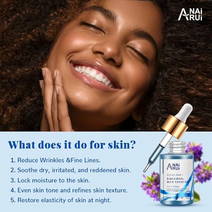 ANAI RUI Bakuchiol Blue Tansy Night-Repair Facial Oil Natural Retinol Alternative + Squalane Jojoba, for Deep Wrinkles & Fine Lines Soothing,Calm & Soothe Redness,Hydrating, Balancing, 1 FL.OZ - Image 2