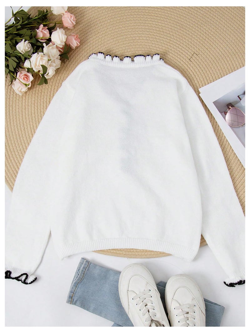 MakeMeChic Women's Long Sleeve Ruffle Sweaters V Neck Lightweight Knit Pullover Sweater Tops White and Black Medium - Image 2