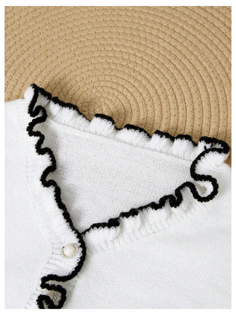 MakeMeChic Women's Long Sleeve Ruffle Sweaters V Neck Lightweight Knit Pullover Sweater Tops White and Black Medium - Image 4
