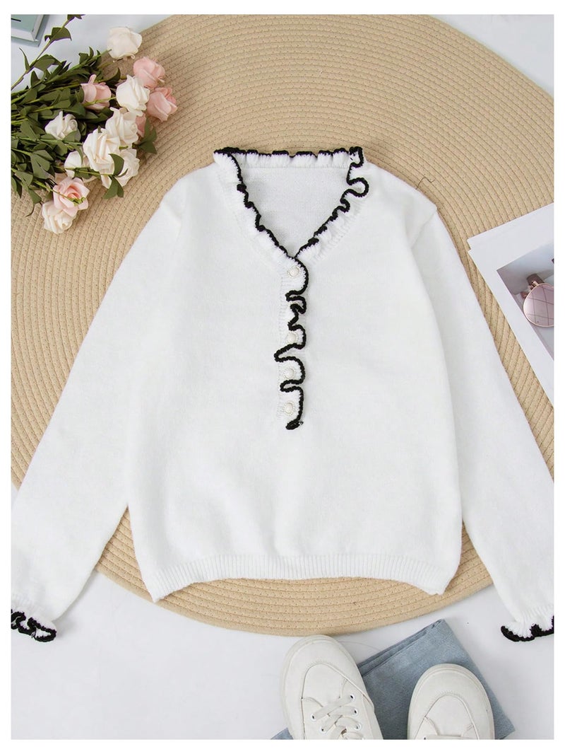 MakeMeChic Women's Long Sleeve Ruffle Sweaters V Neck Lightweight Knit Pullover Sweater Tops White and Black Medium - Image 3
