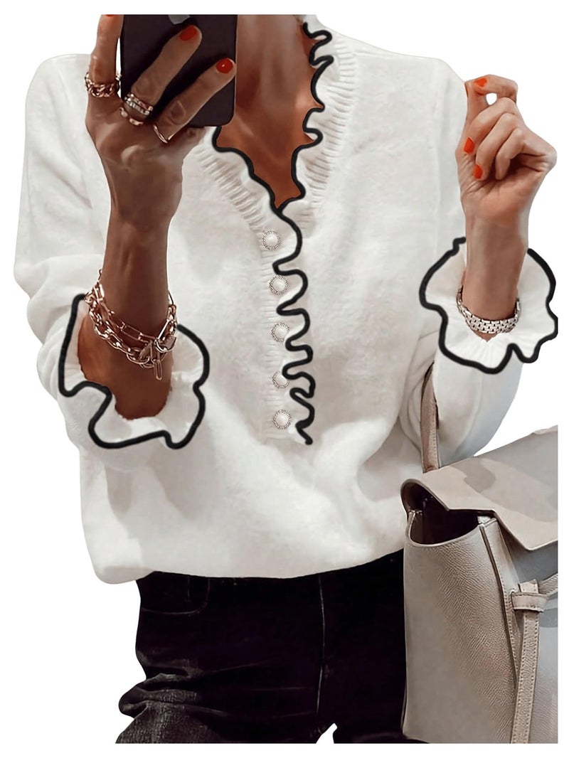 MakeMeChic Women's Long Sleeve Ruffle Sweaters V Neck Lightweight Knit Pullover Sweater Tops White and Black Medium - Image 1