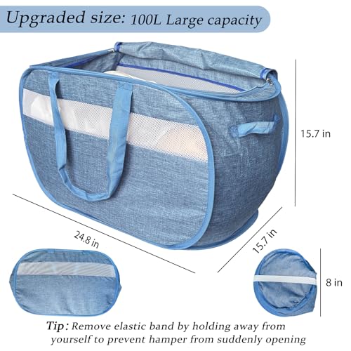 NairSnow Upgraded 100L Extra Large Mesh Pop Up Laundry Hamper with Lid and Handles. XL Closet Storage Bins, Dirty Clothes Basket for Dorm Home, Foldable Laundry Basket. Blue. H - Image 3